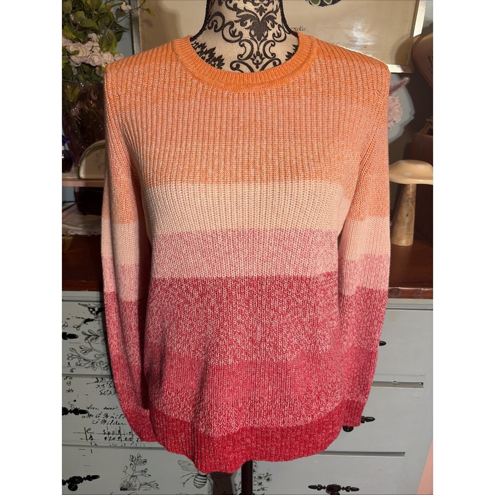 Talbots striped Pink & Orange Pima Cotton Knit Pullover, Crew Neck Sweater Sz XS